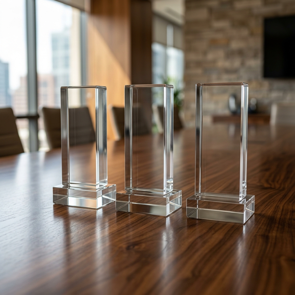 Elegant crystal corporate awards kept in a neat line